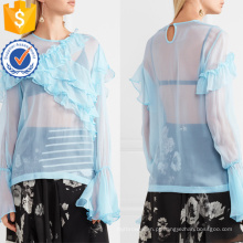 Venda quente Azul Chiffon Manga Longa Ruffled Verão Top Fabricação Atacado Moda Feminina Vestuário (TA0089T)